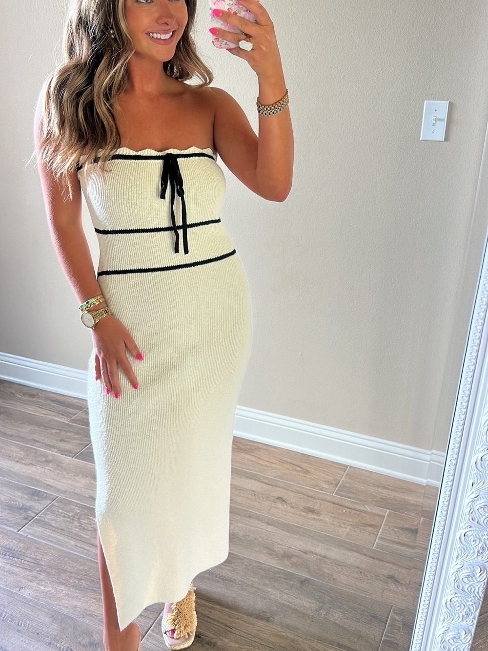 Strapless Cream Knit Midi Dress with Contrast Trim